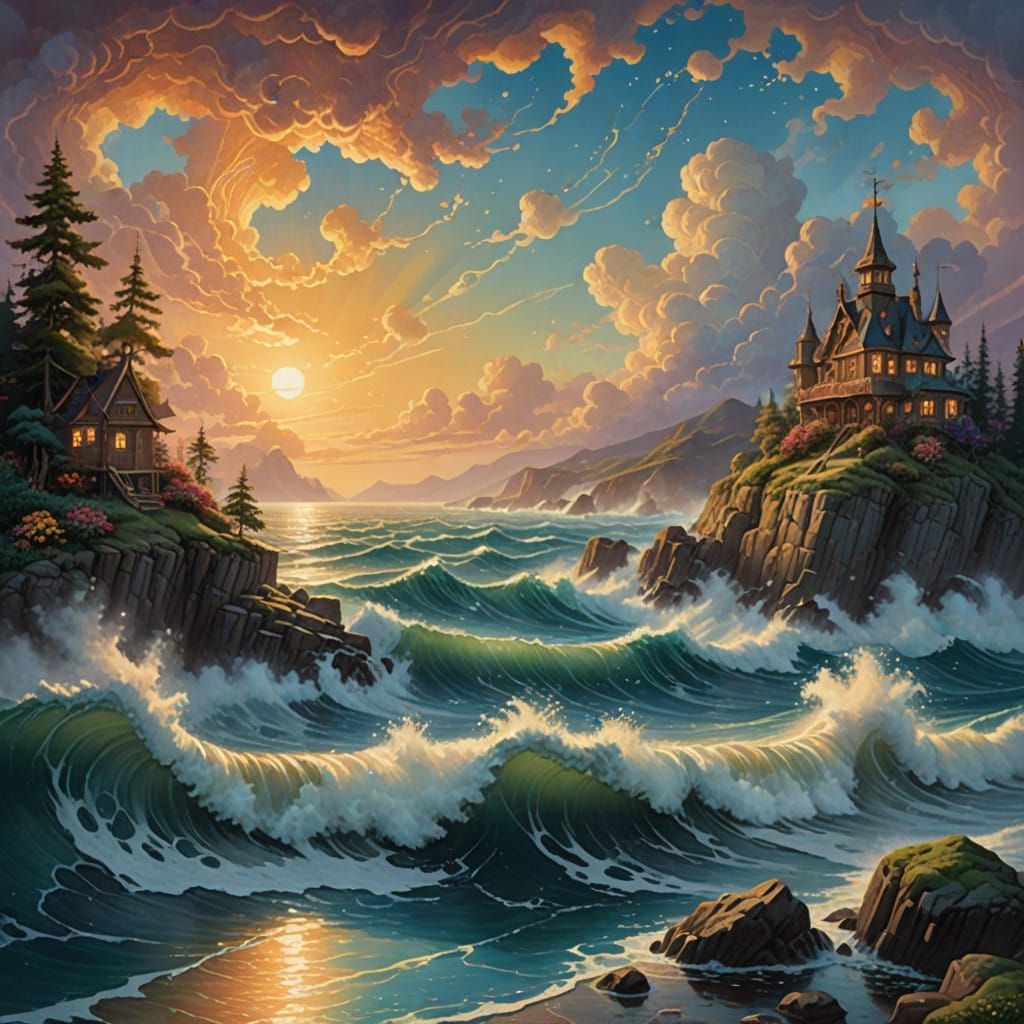 Dreamlike Sea Boiling Hot in Warm Light