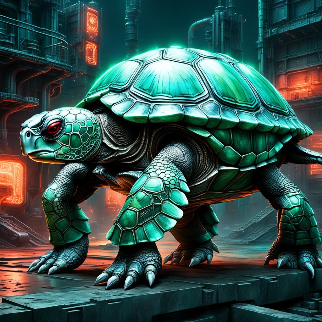 Cyberpunk Seafoam Turtle Overlord in Dark Fantasy Style