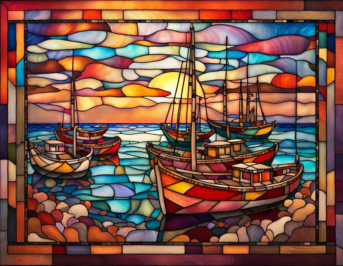 Harbor with Fishing Boats in Stained Glass Style