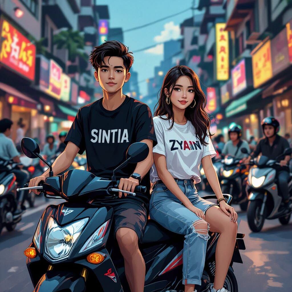 Teen Couple on Motorcycle in Digital Art Style