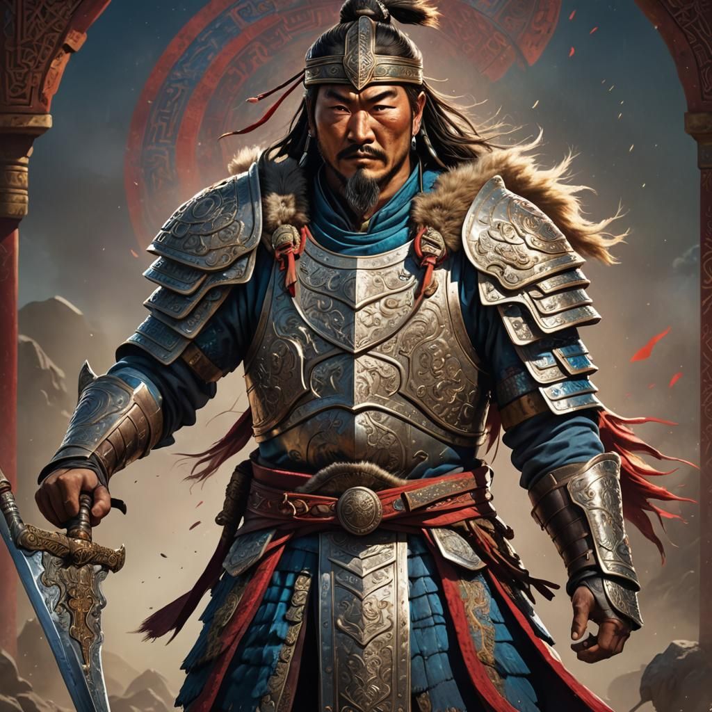 Mongolian Hero in Ornate Armor: Hyperrealistic Portrait