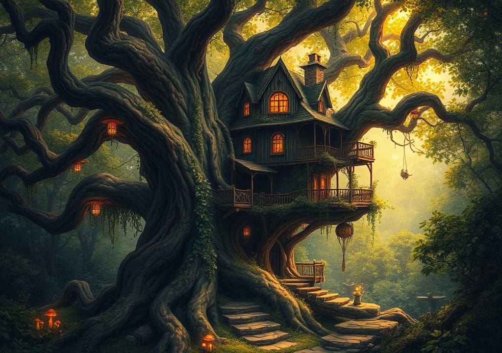 Mystical Treehouse in Enchanted Forest Illustration