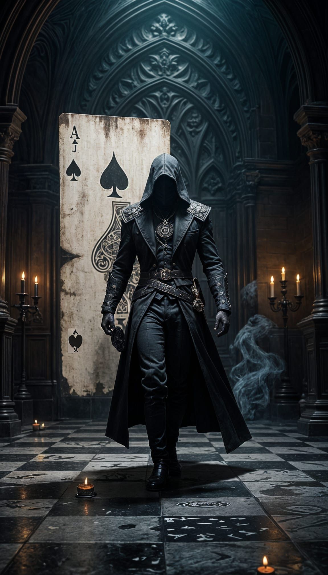 Jack of Spades Emerges into Gothic Chamber