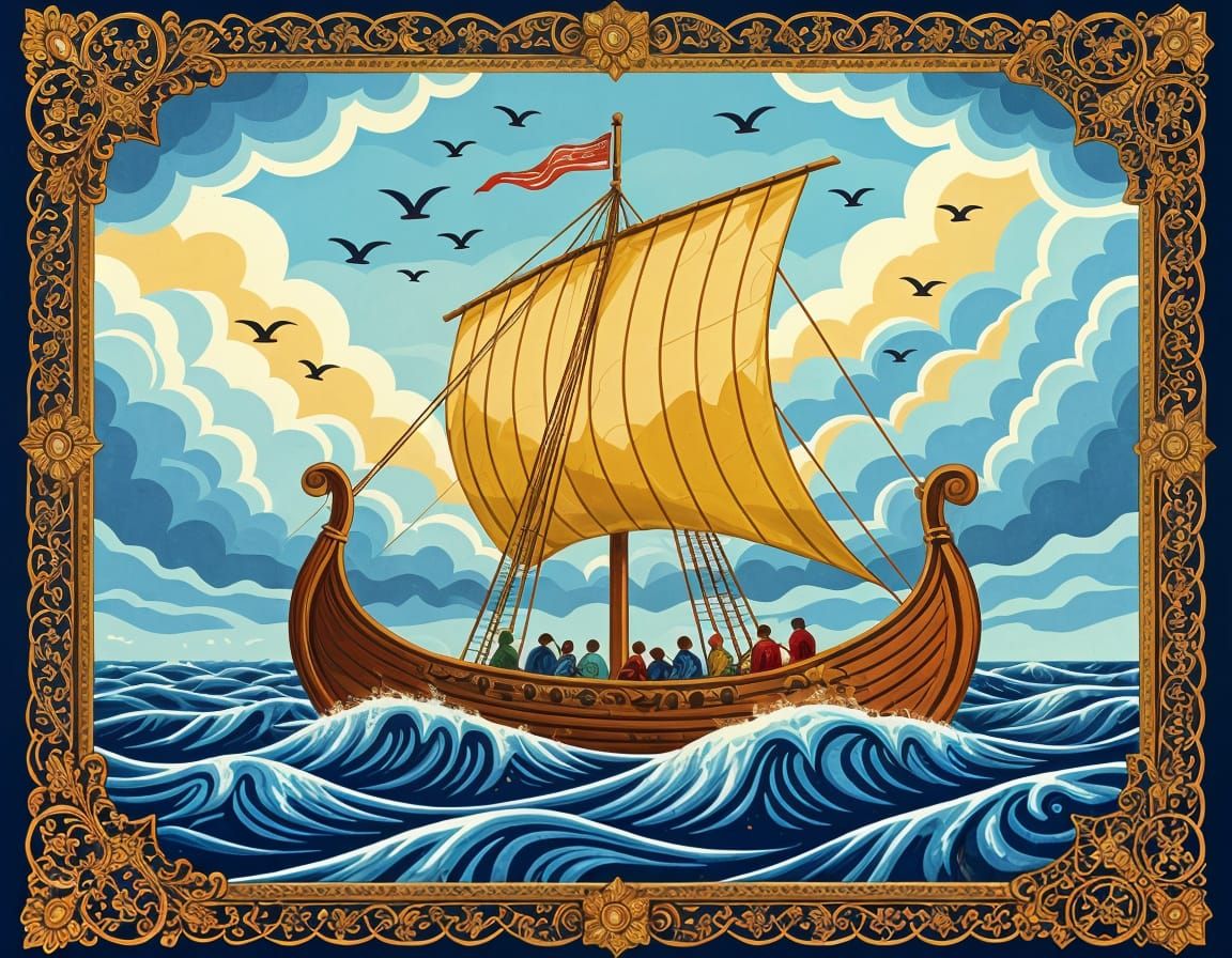 Viking Longship on Turbulent Waves in Textile Art Style
