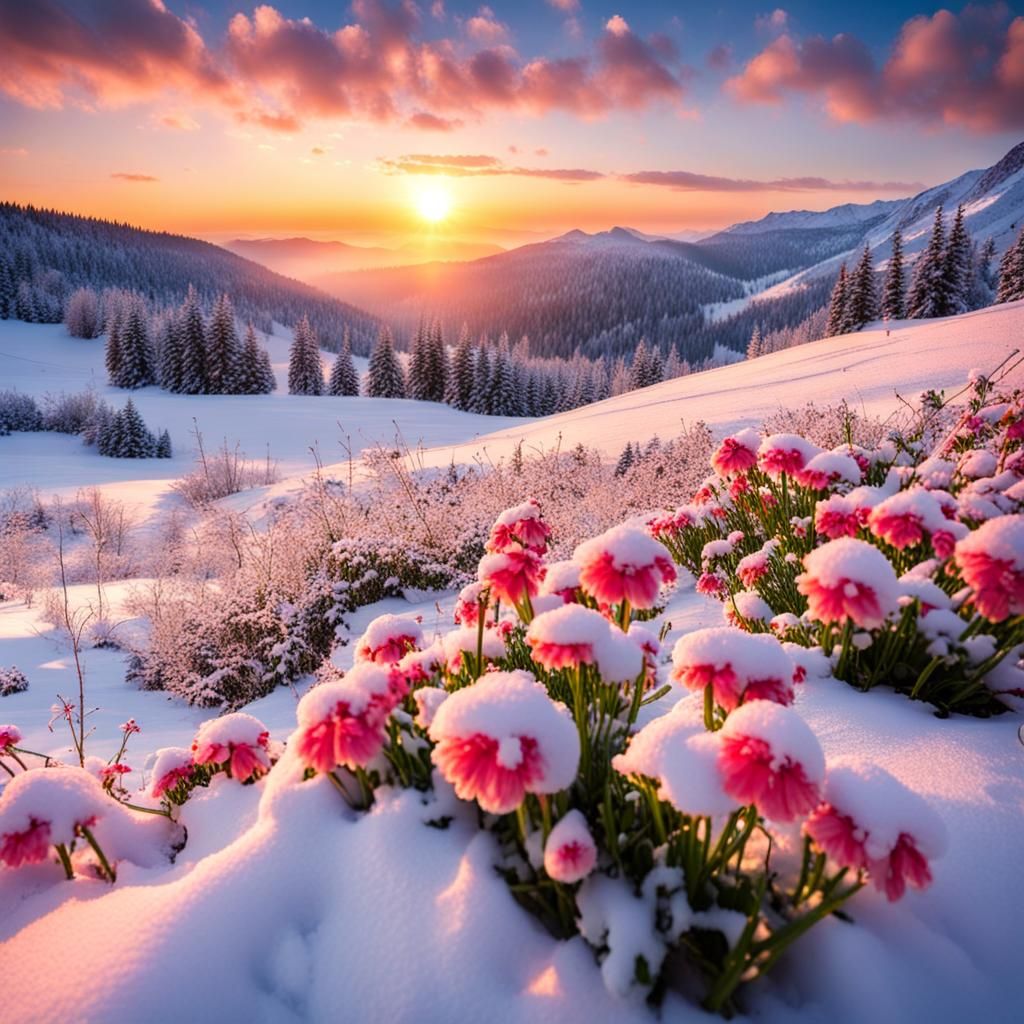 Sunrise over Snow and Flowers Landscape