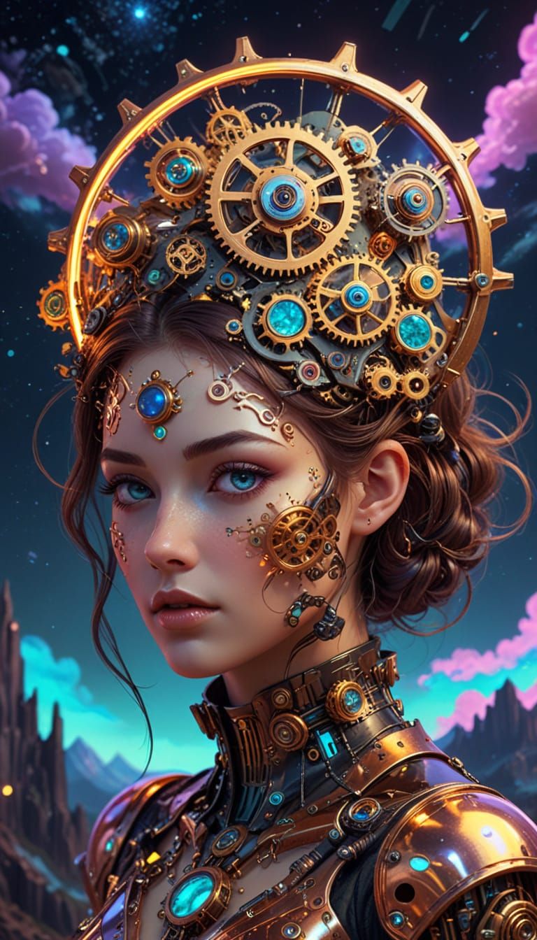 Dreamlike Clockwork Goddess in Steampunk Cosmic Landscape