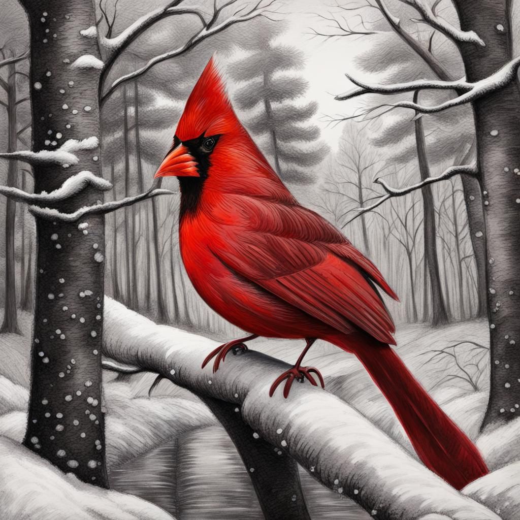 Red Cardinal in Winter Forest Charcoal Drawing
