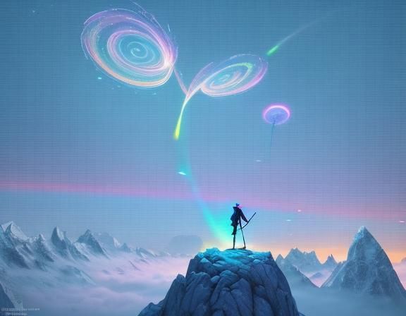 Wizard on Mountaintop with Magical Staff in Pixar Style