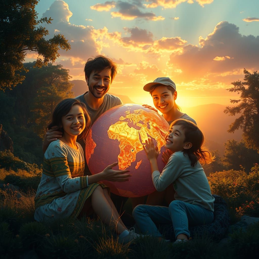 Family Around Globe in Cinematic Digital Painting