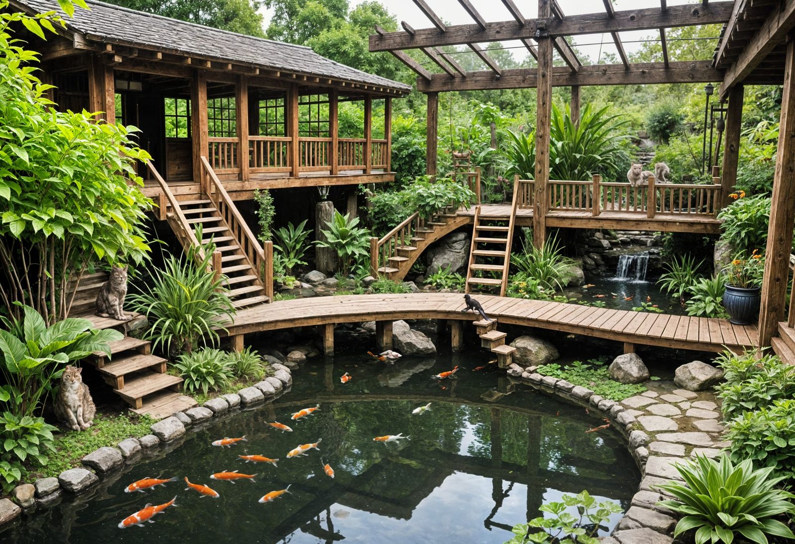 Whimsical Cat Haven with Serene Koi Pond