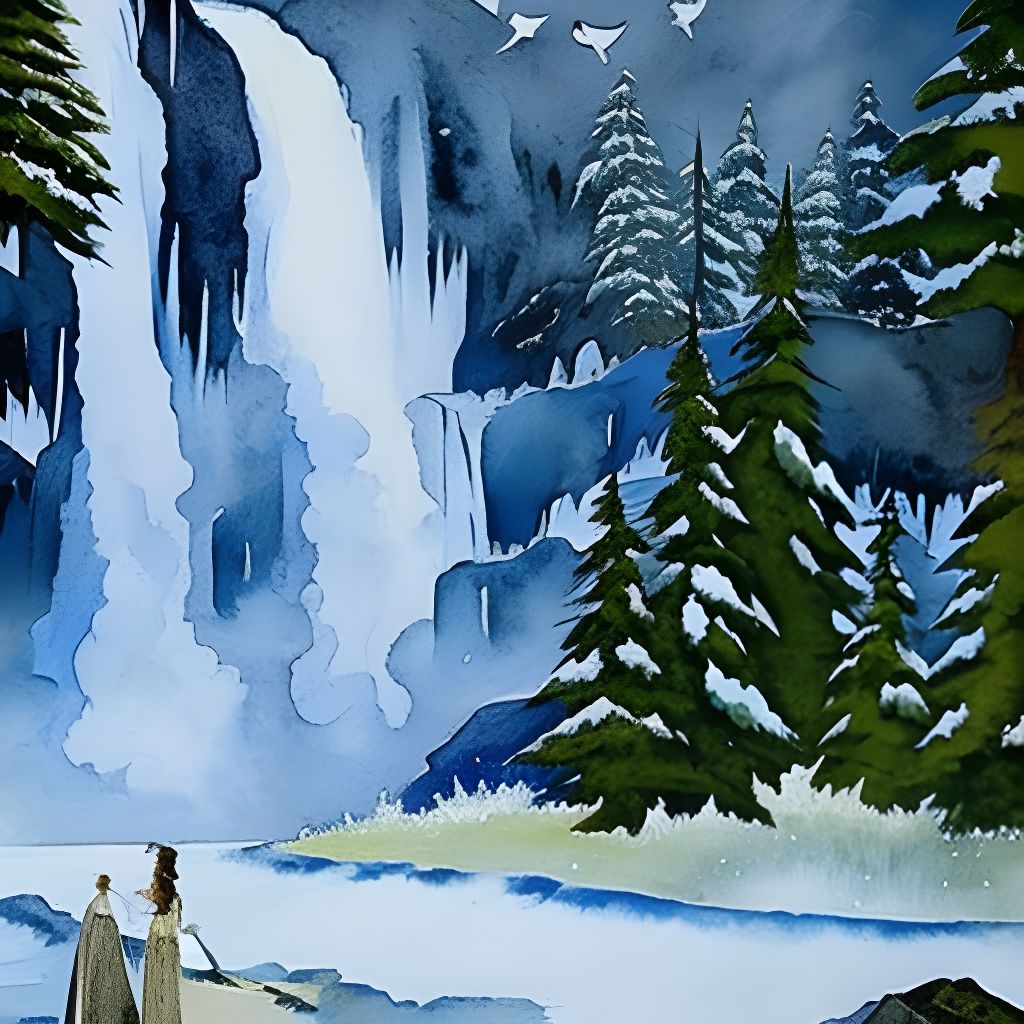 Watercolor Wizard and Wolf at Winter Waterfall