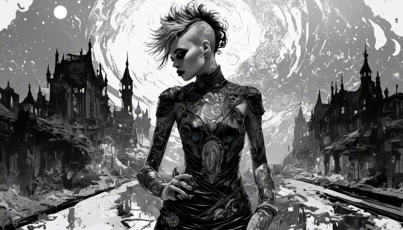 Punk Woman Portrait with Tattoos, Neon Glow, Art Nouveau