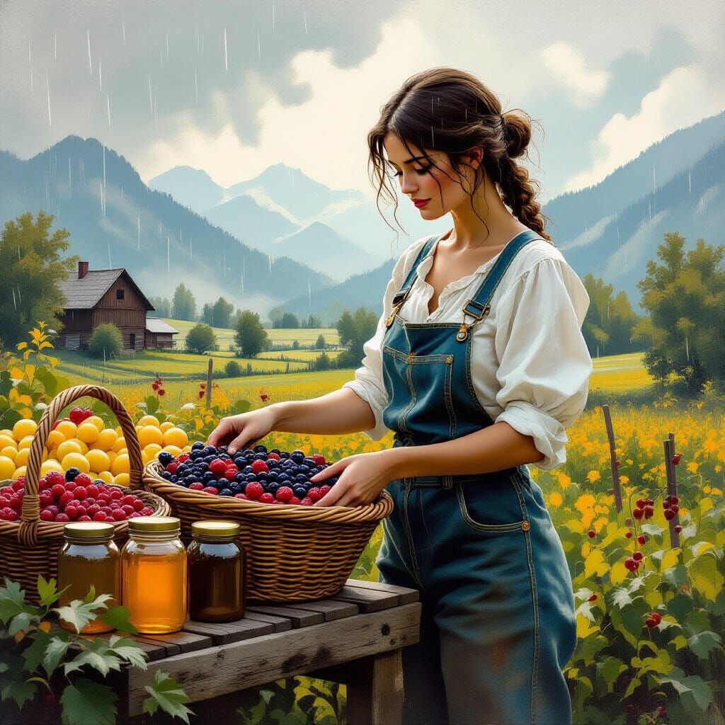 Stoic Farmer at Misty Farmstand in Dark Fantasy Style