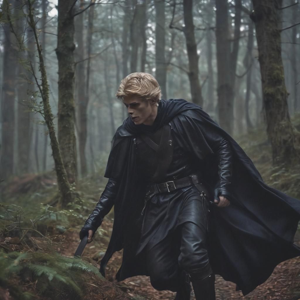 Medieval Man Sneaking Through Dark Forest at Night