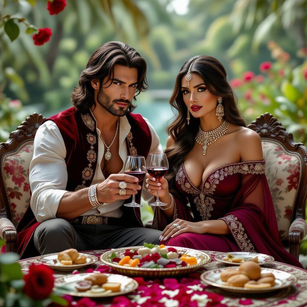 Seductive Couple in Lavish Garden, Hyperrealistic Style