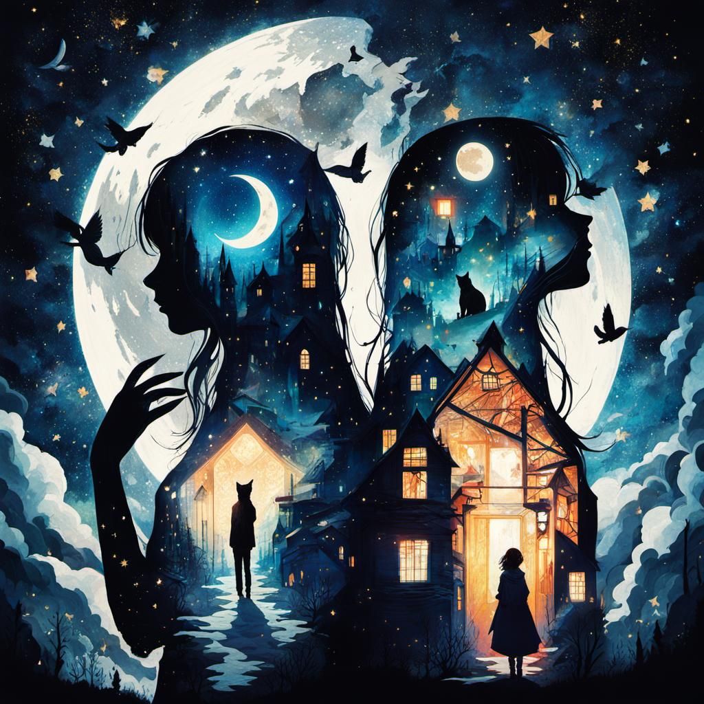 Starry Night Cat Double Exposure Collage Art