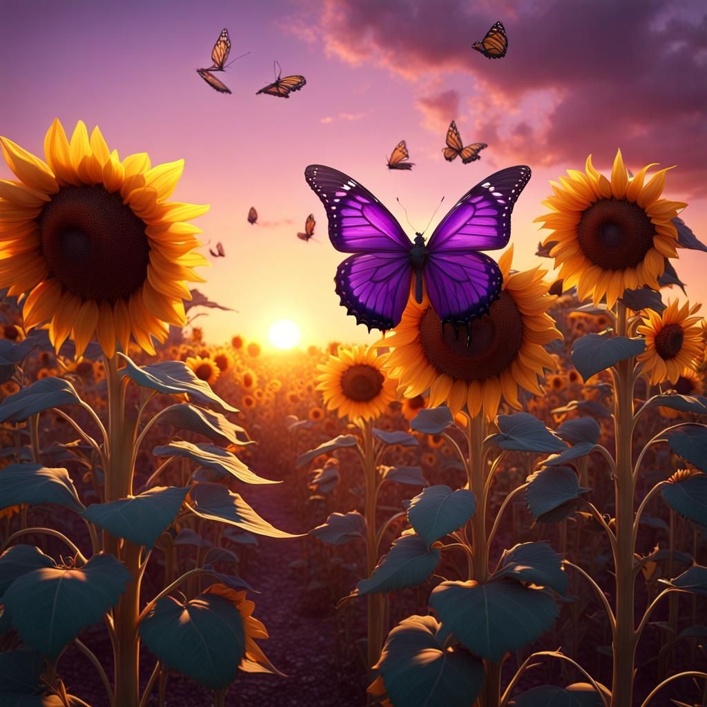 Sunflower, Butterfly at Sunset: Fantasy Concept Art