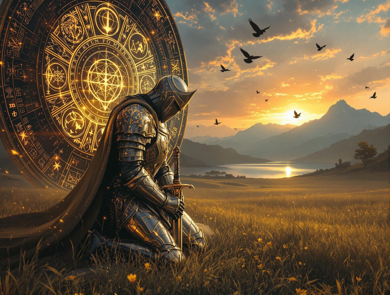 Knight Contemplates Battle in Golden Light