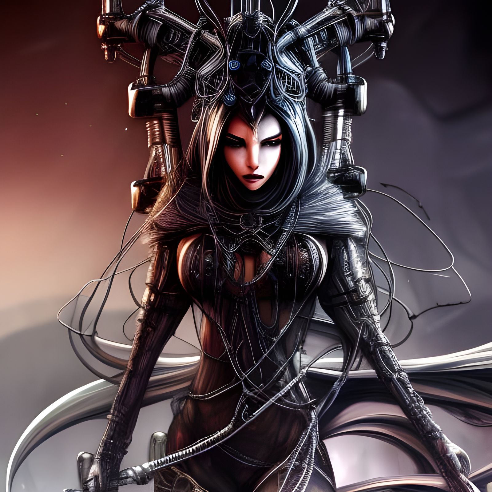 Biomechanical Witch Technomancer in Underground Ruins