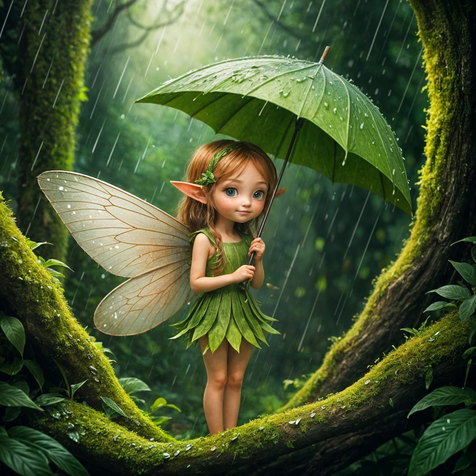 Cute Fairy Holding Umbrella Leaf on Rainy Day