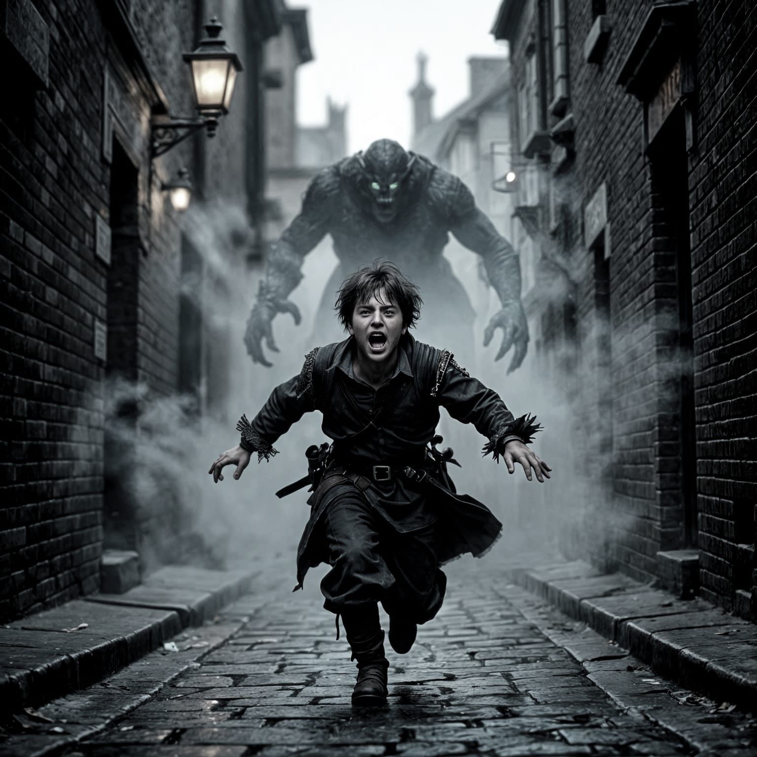 Boy Fleeing Monster in Misty London Alley
