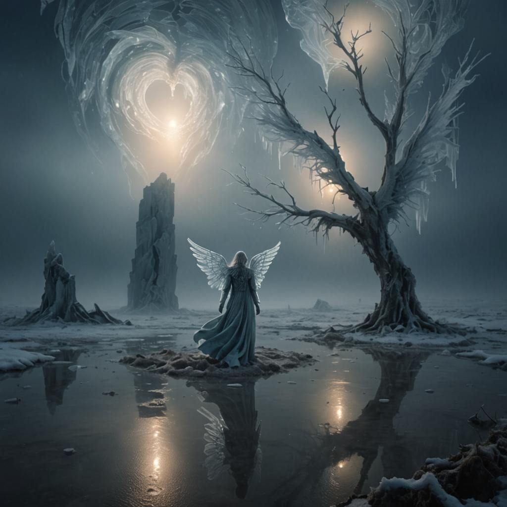 Frozen Angel in Wasteland, Surreal Digital Painting