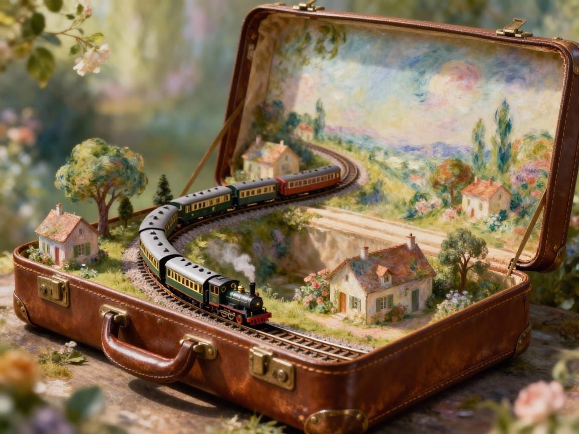 Miniature Train Adventure Inside a Leather Suitcase