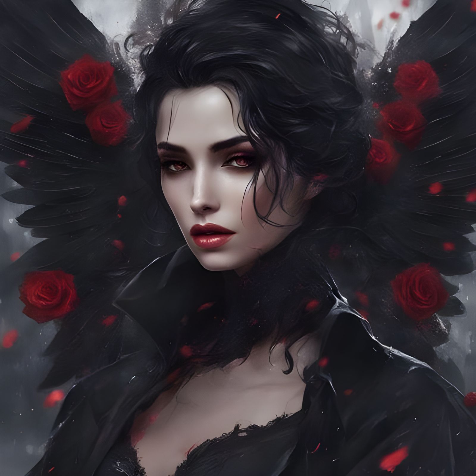 Fallen Angel in Rain with Black Roses