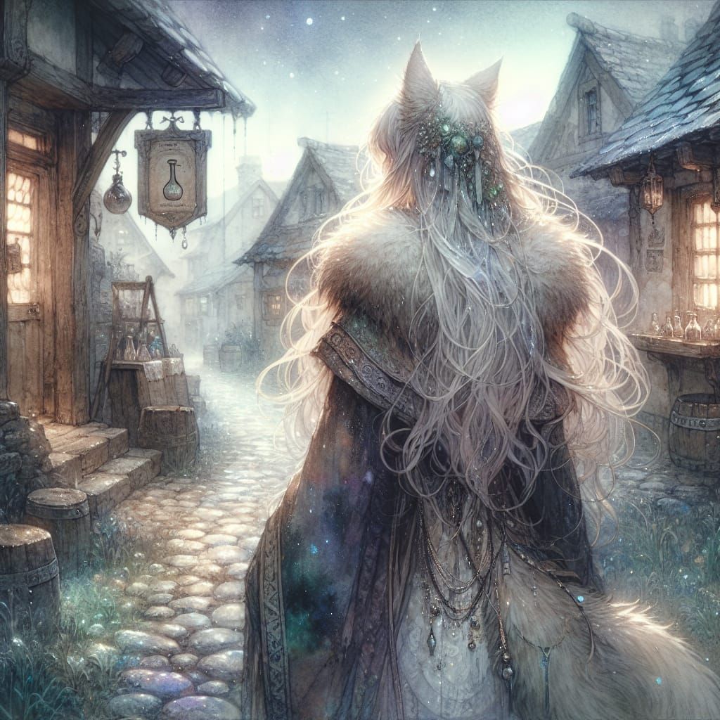 Fantasy Village with Wolf Girl in Anime Style