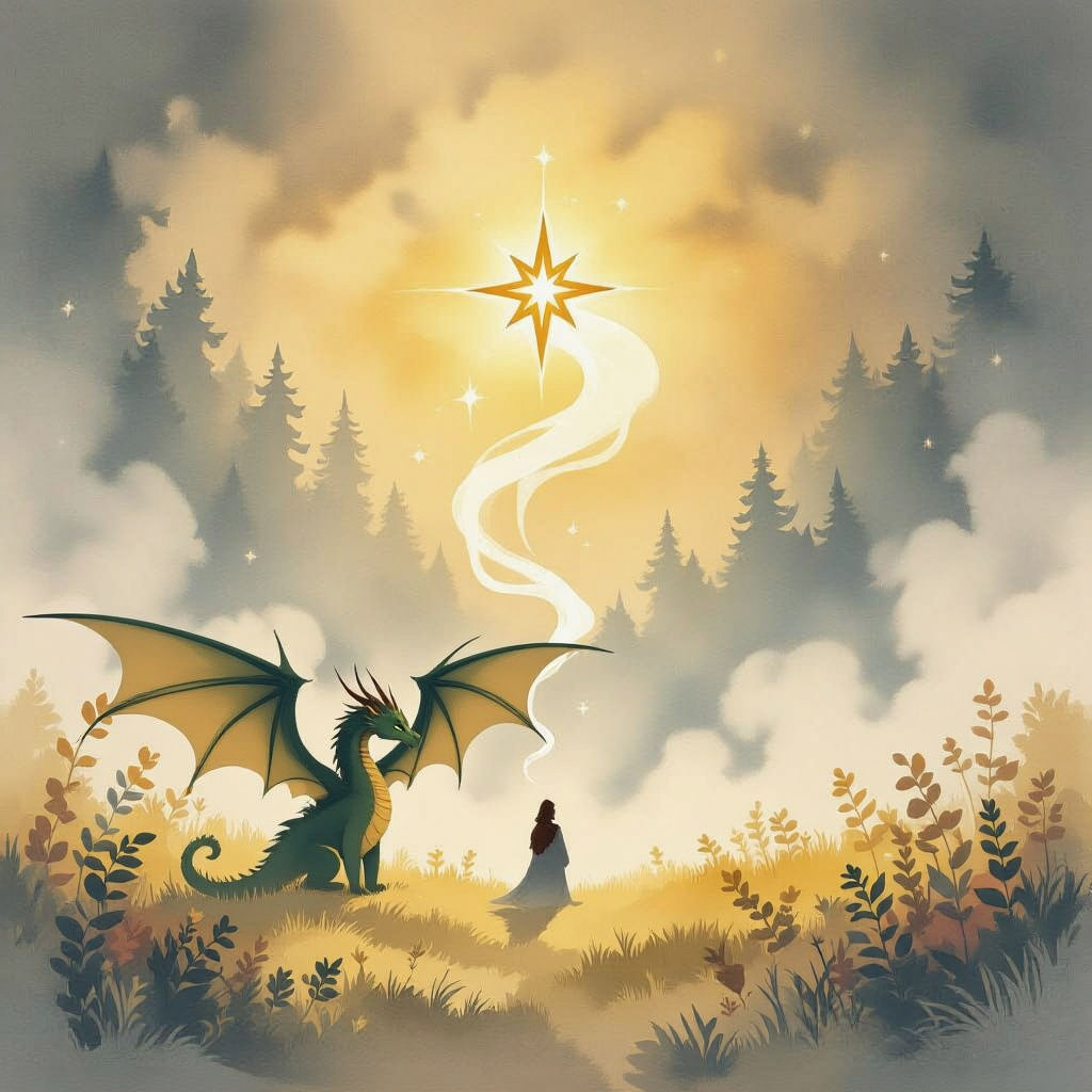 Watercolor Dragon Watching Star Smoke in Glade