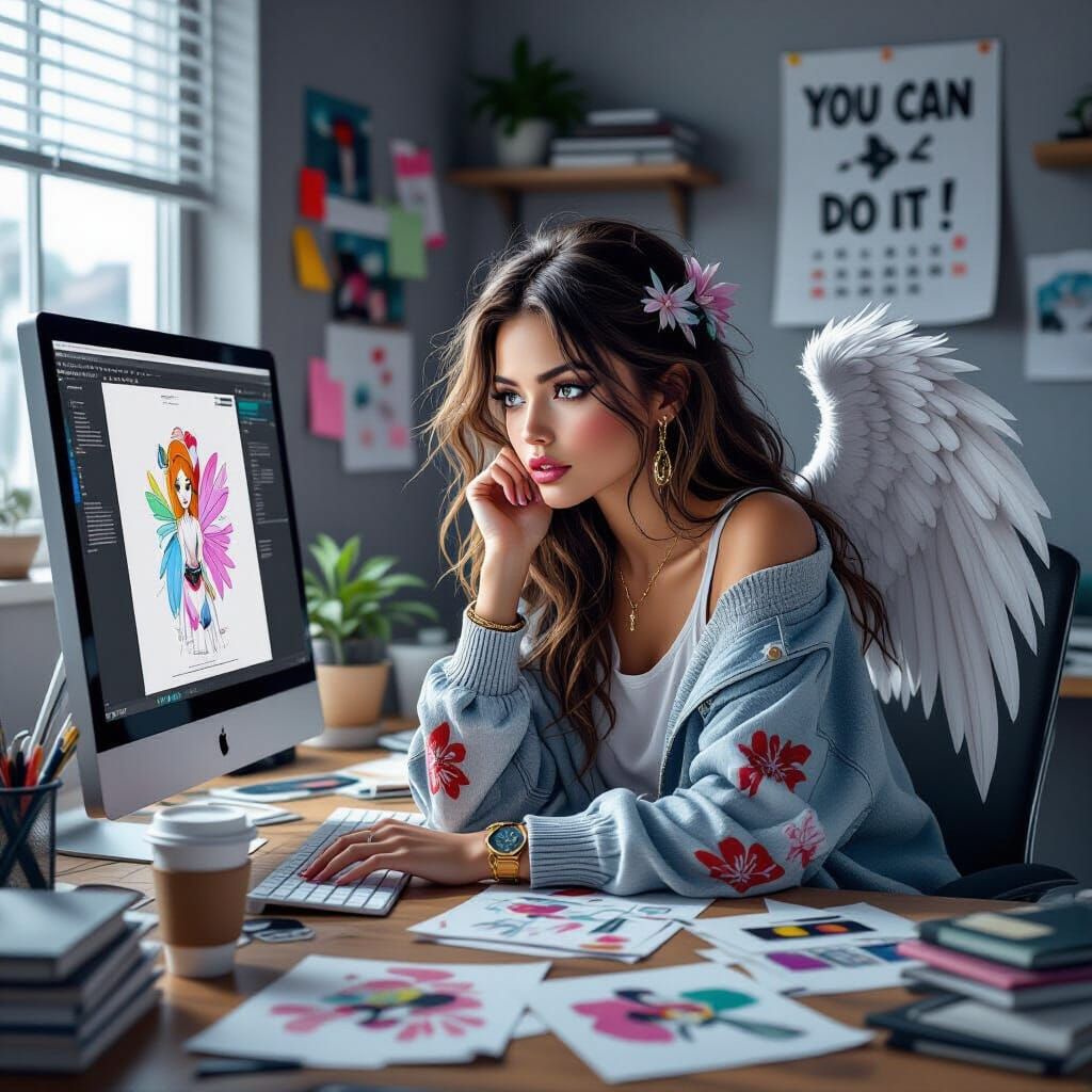 Hyperrealistic Angel at Work in Grunge Style
