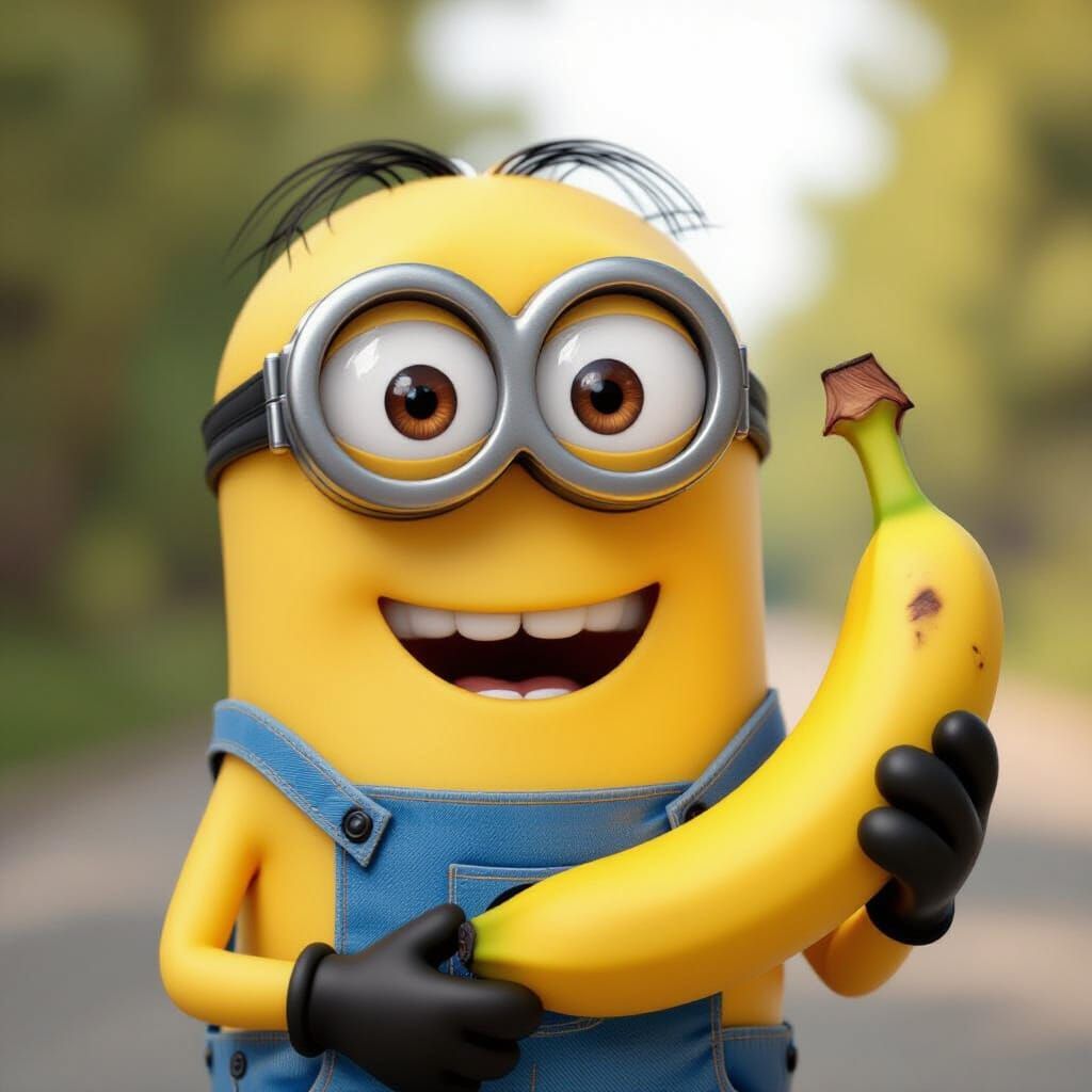 Photorealistic Minion Holding Banana in Soft Light