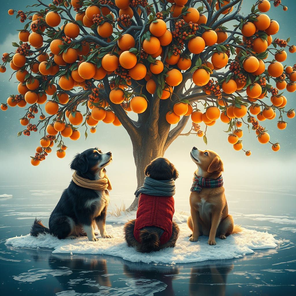Dogs in Whimsical Winter Wonderland, Admiring a Lush Fruit T...