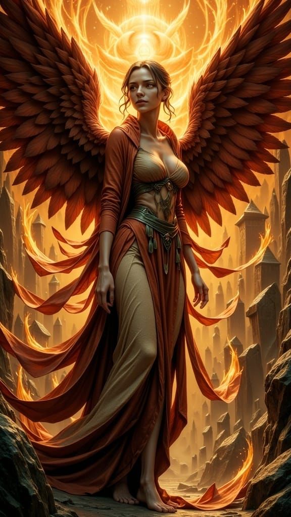 Fiery Bird Envelops Woman in Dreamlike Embrace