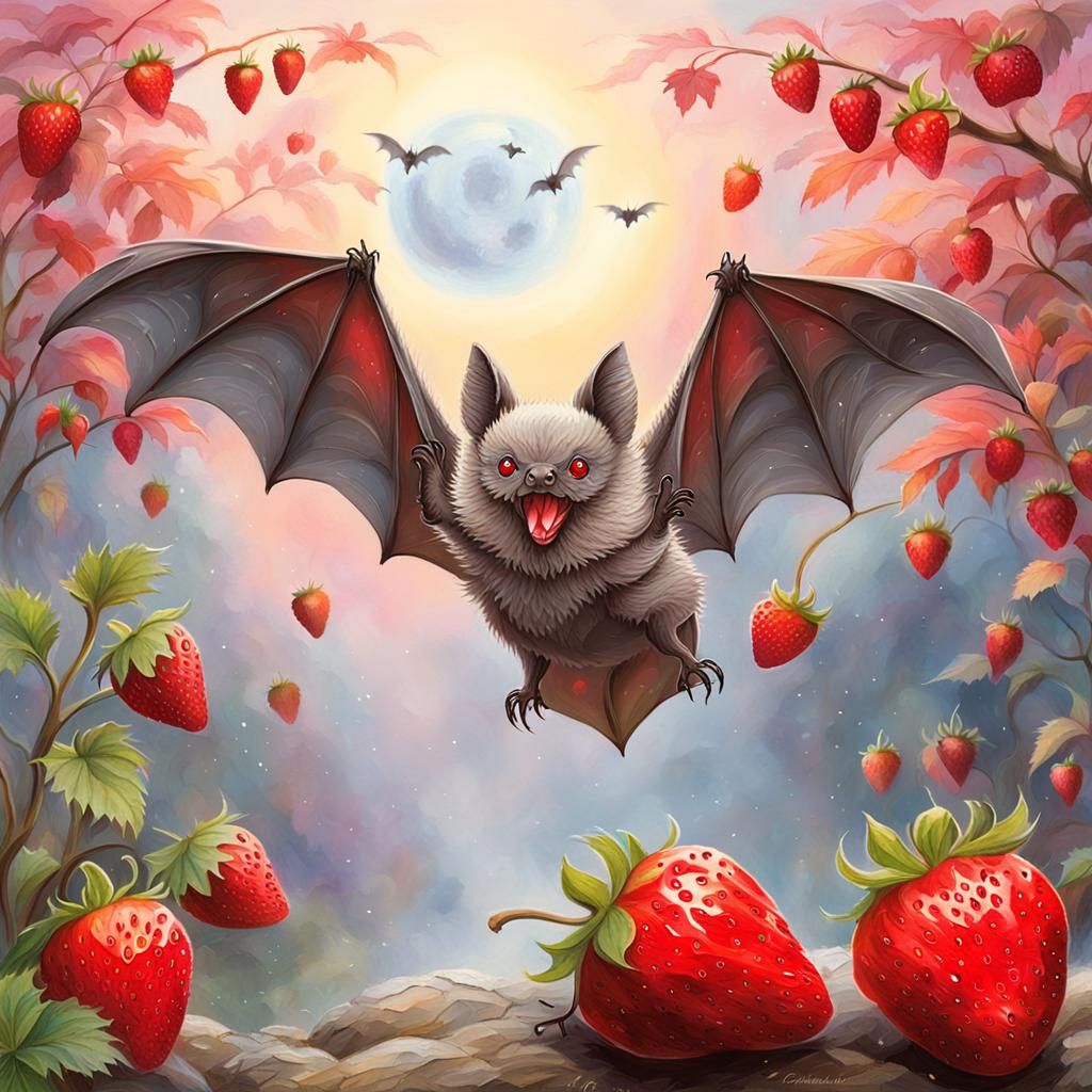 Nice little grey bat with spread wings nibbling on a juicy red strawberry. Background pastel coloured delicate leaves