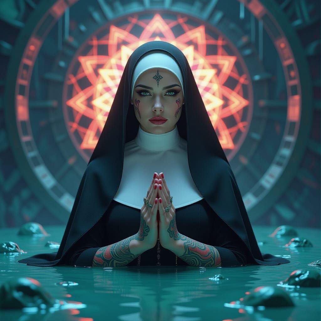 Surreal Futuristic Nun with Psychedelic Shamanic Tattoos