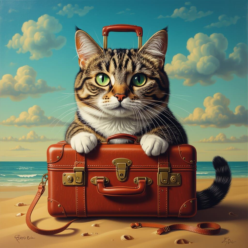 Surreal Cat-Suitcase Fusion in Dreamlike Scene