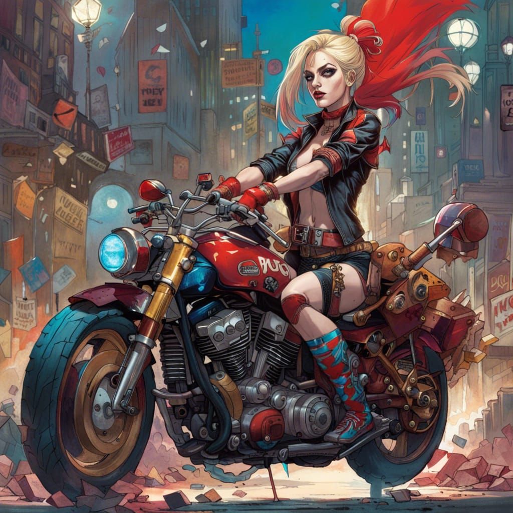 Harley Quinn Rides a Motorcycle in Fantasy Art