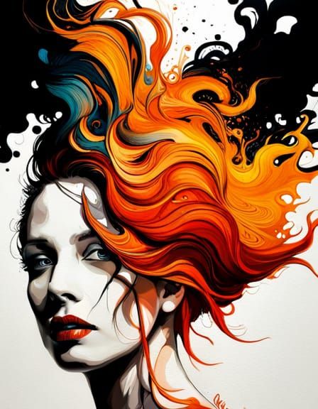 Beautiful Woman with Ink Flow in Gouache Style