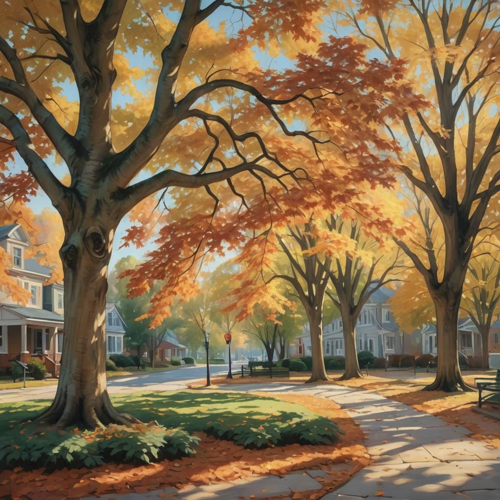 Maple Tree in New England Square: Impressionist Oil Painting