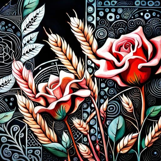 Intricate Floral Mixed Media Art on Black