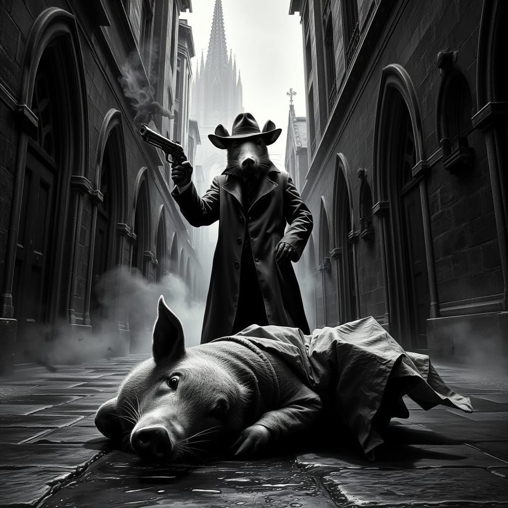 Gangster Rat Triumphs in Smoky Alleyway, Film Noir Style