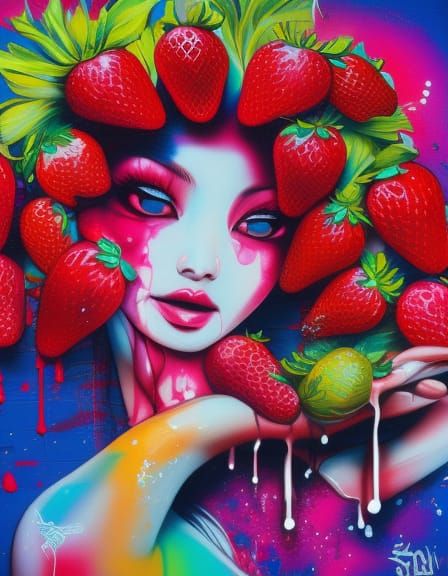 Strawberry Goddess in Japanese Graffiti Art