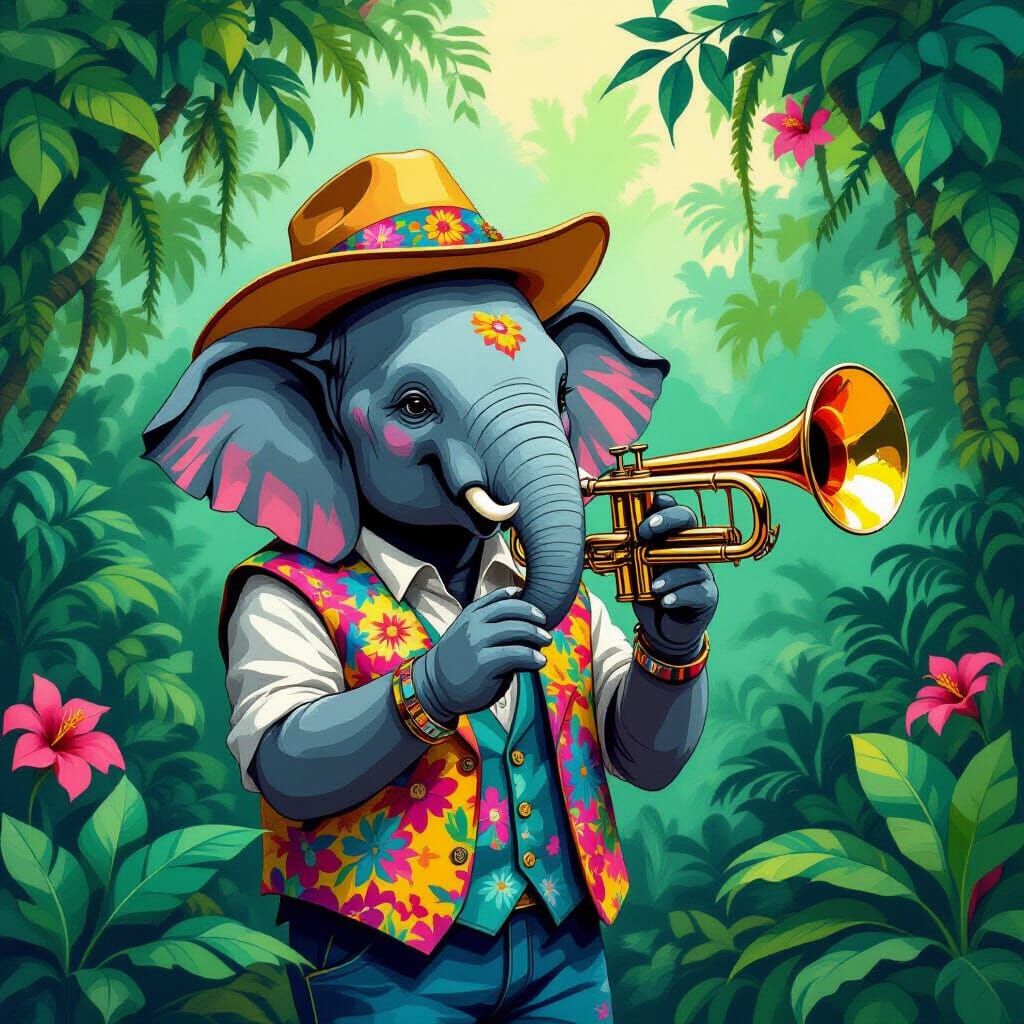 Elephant Plays Trumpet in Lush Jungle, Whimsical Art