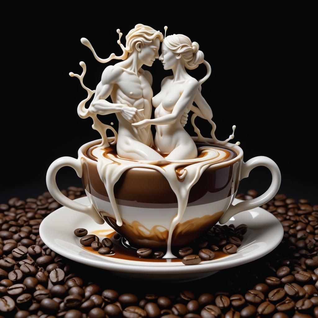 Cream Couple Emerges from Coffee: Hyperrealistic Sculpture