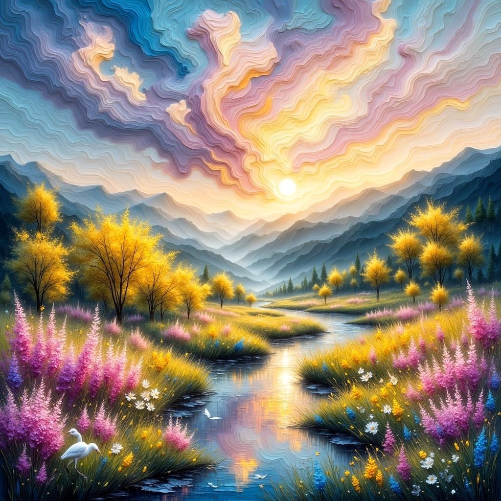 Peaceful Dawn Valley in Vibrant Oil Painting Style