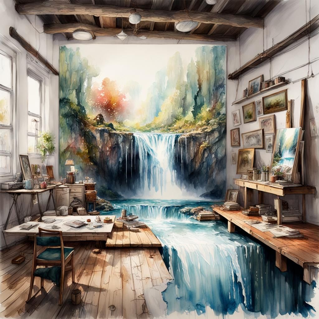 Waterfall River Bursts Into Watercolor Painting Studio
