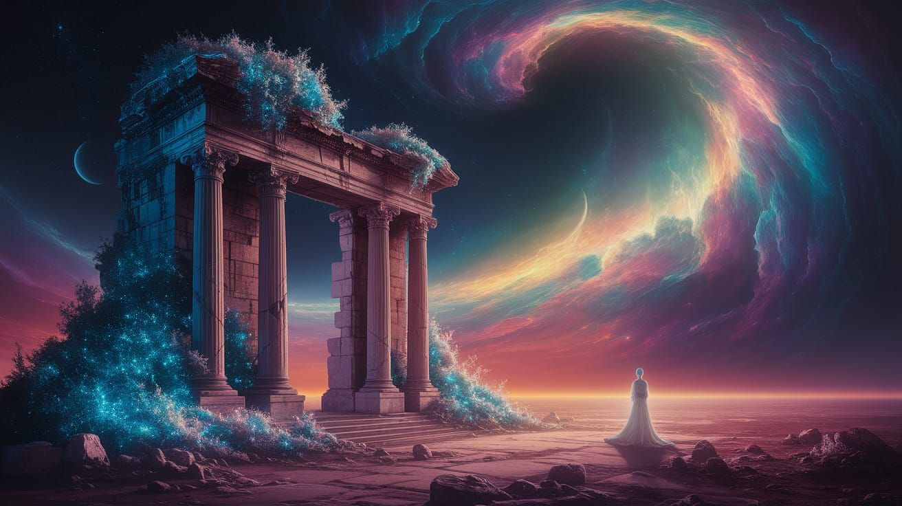 Ancient Gateway in Cosmic Nebula, Surreal Oil Painting