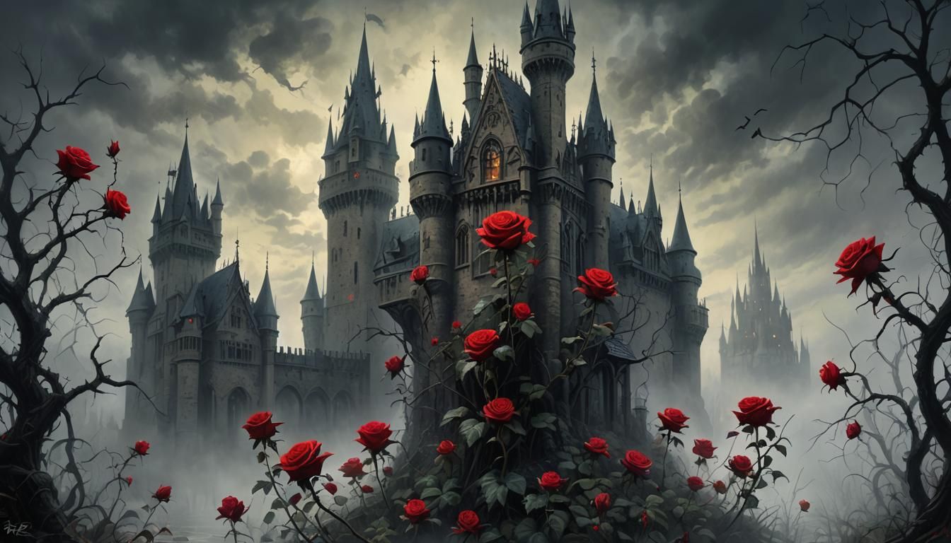 Gothic Castle with Thorny Roses: Dark Fantasy