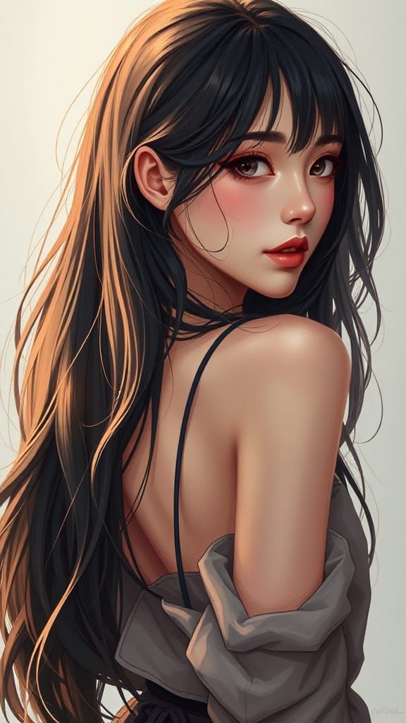 Woman with Long Hair: Digital Oil Painting